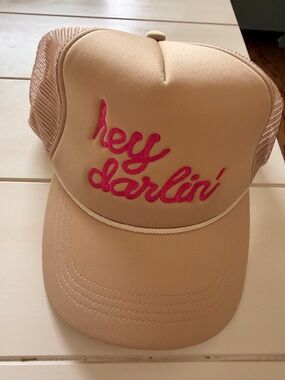Beige Trucker Hat with Pink "hey darlin'" Script